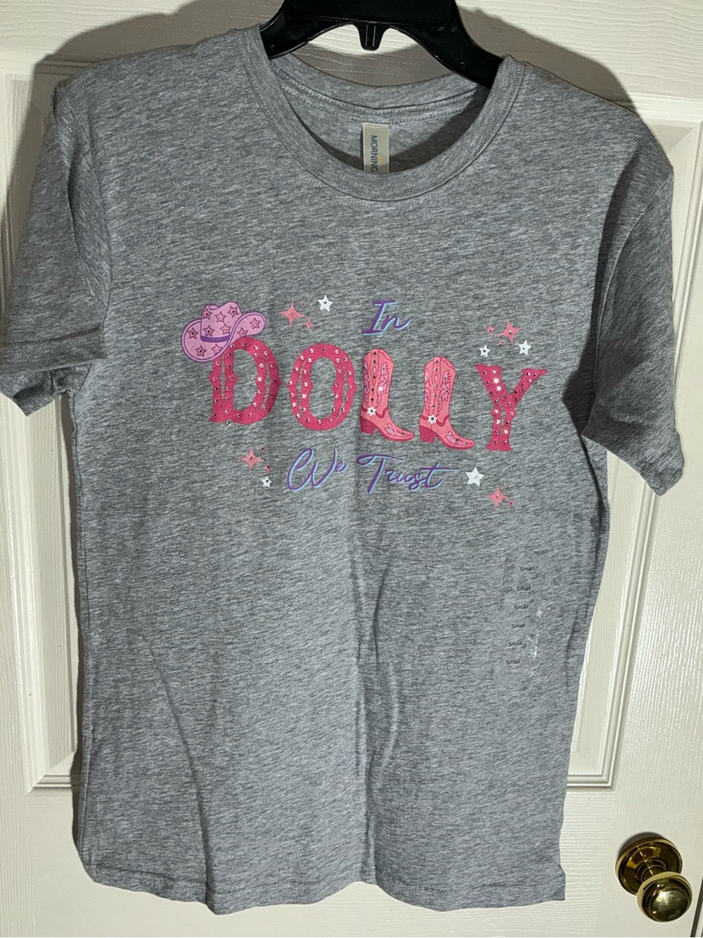 Morning Sunshine “In Dolly We Trust” T-shirt Gray Rhinestones Girls Size S & M